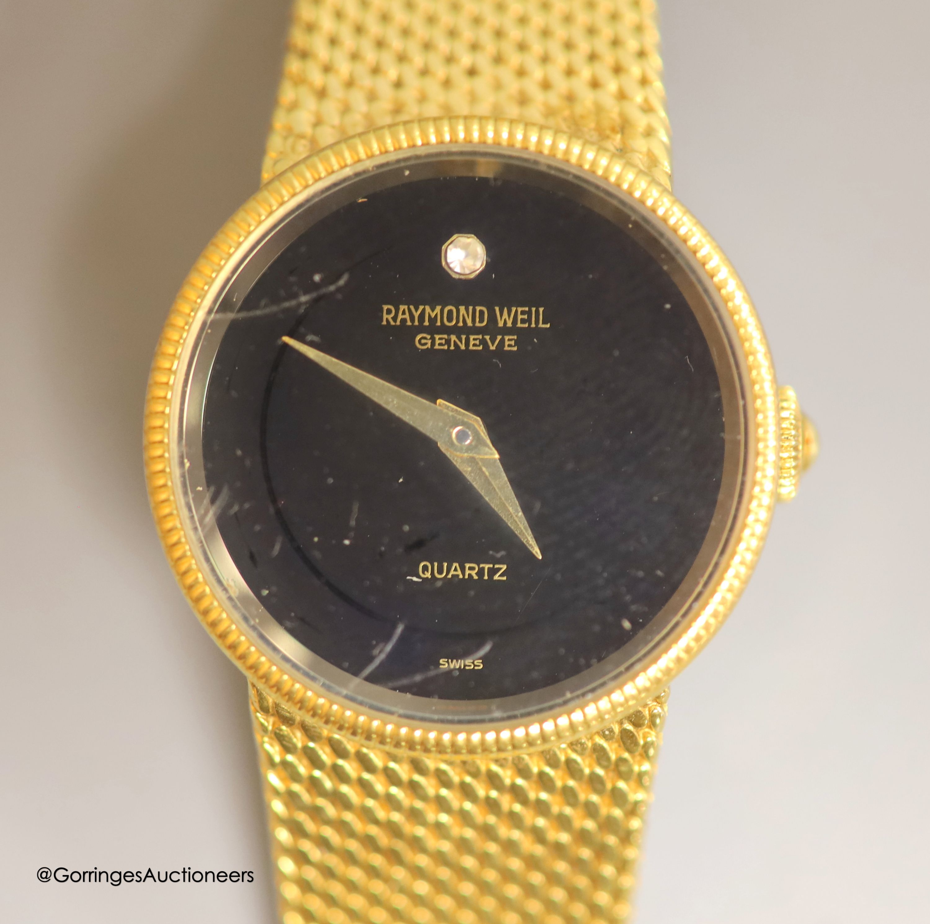 A lady's 18k gold electroplated Raymond Weil quartz wrist watch, overall 20.7cm, with Raymond Weil pouch.